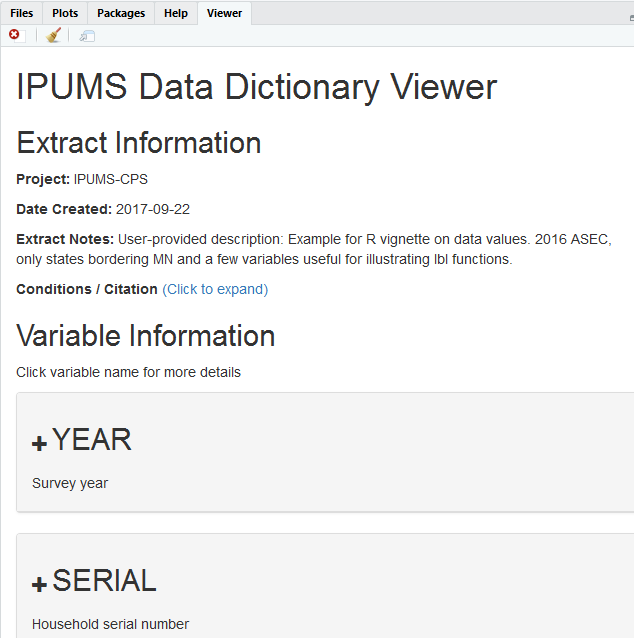 Screenshot of ipums_view in Rstudio viewer