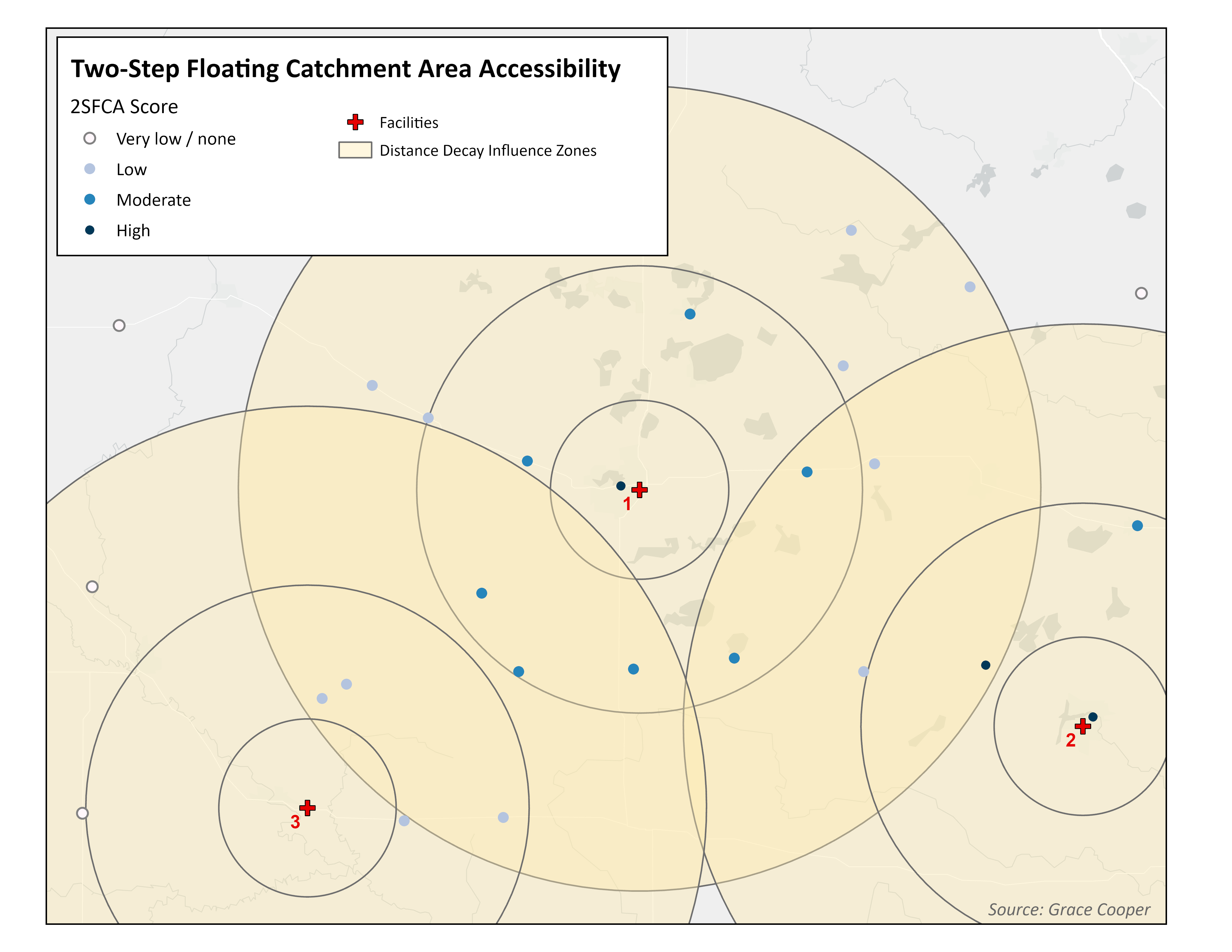 2SFCA model: map depicting health care facilities and population centers.