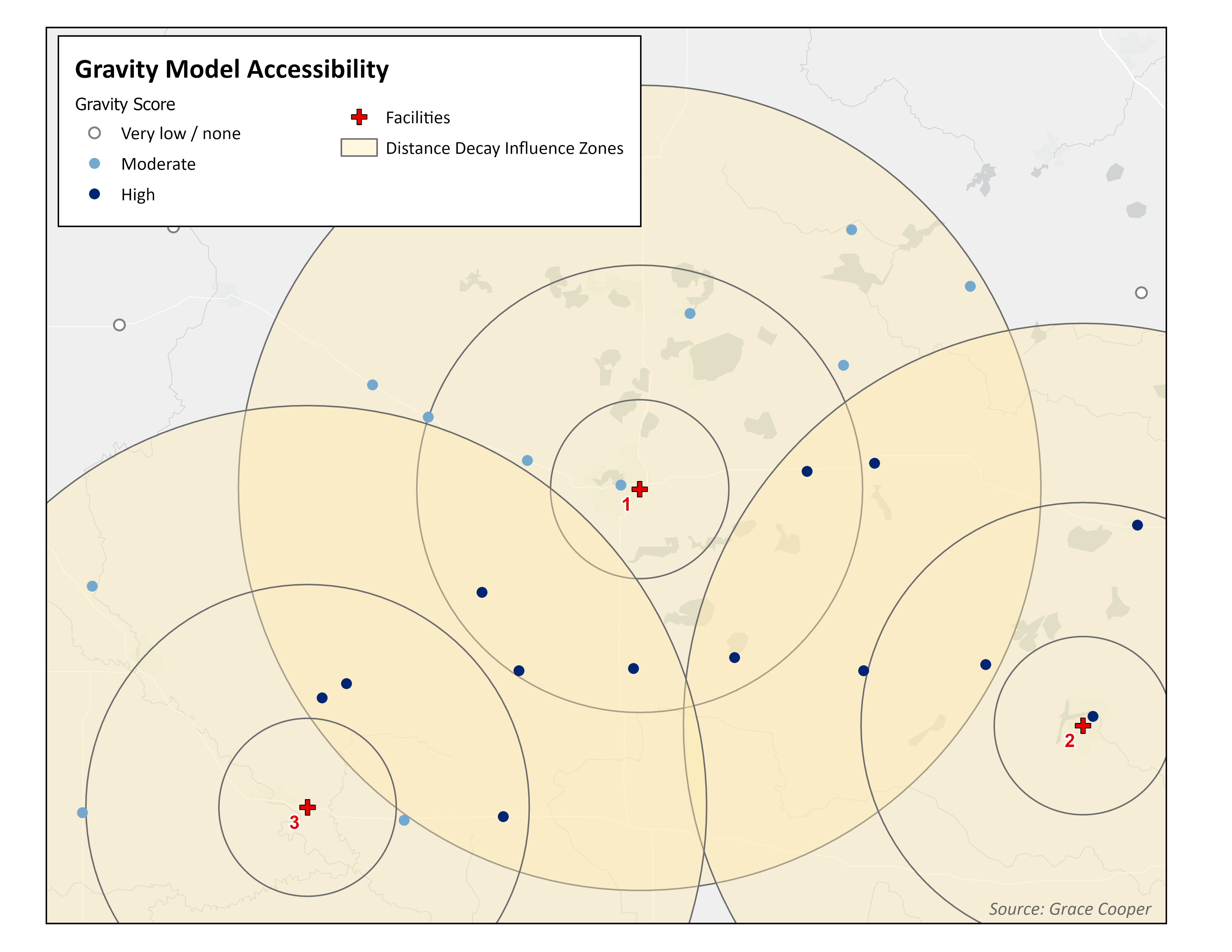 Gravity model: map depicting health care facilities and population centers.