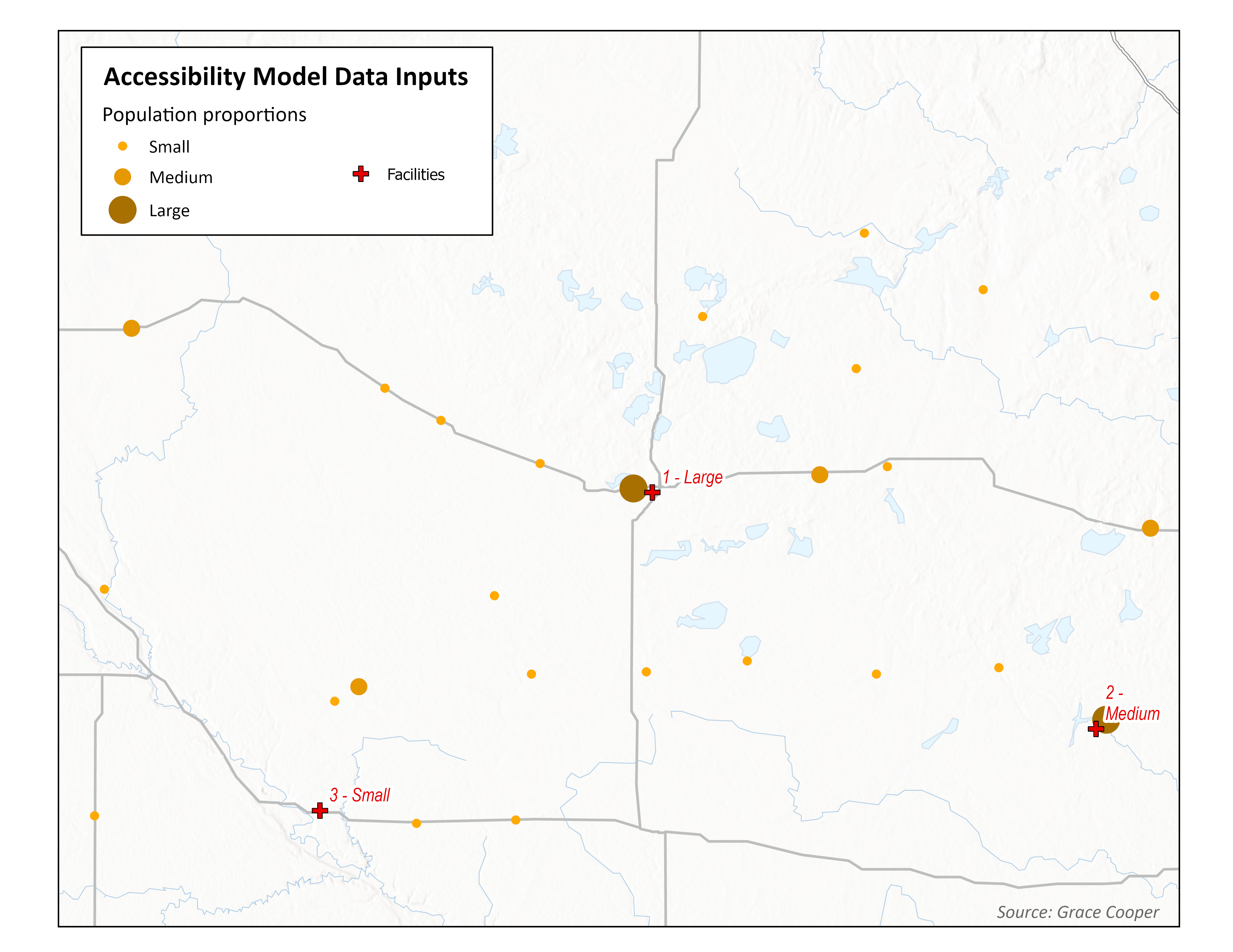 Health care facilities and population centers showing density of population.