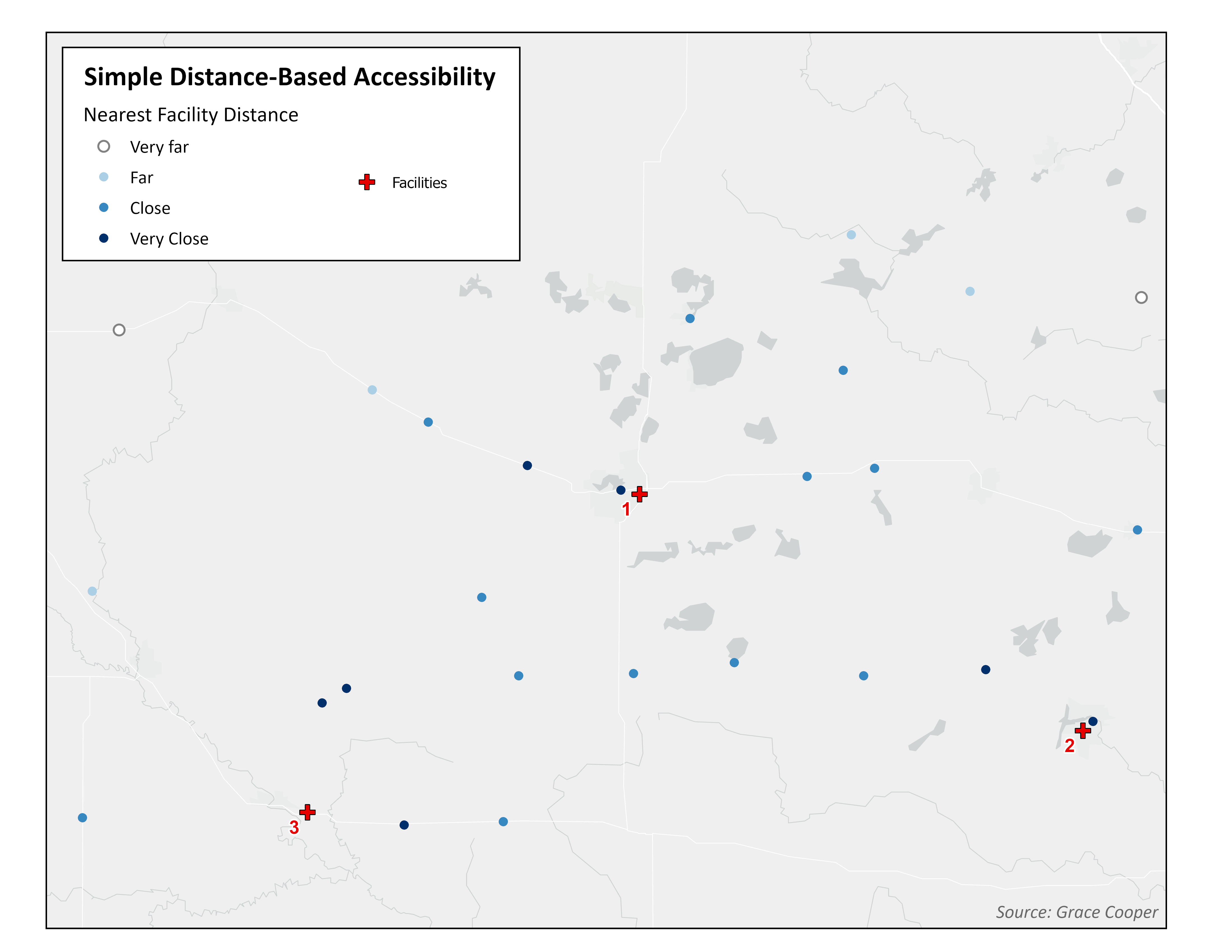 Simple metric model: map depicting health care facilities and population centers.