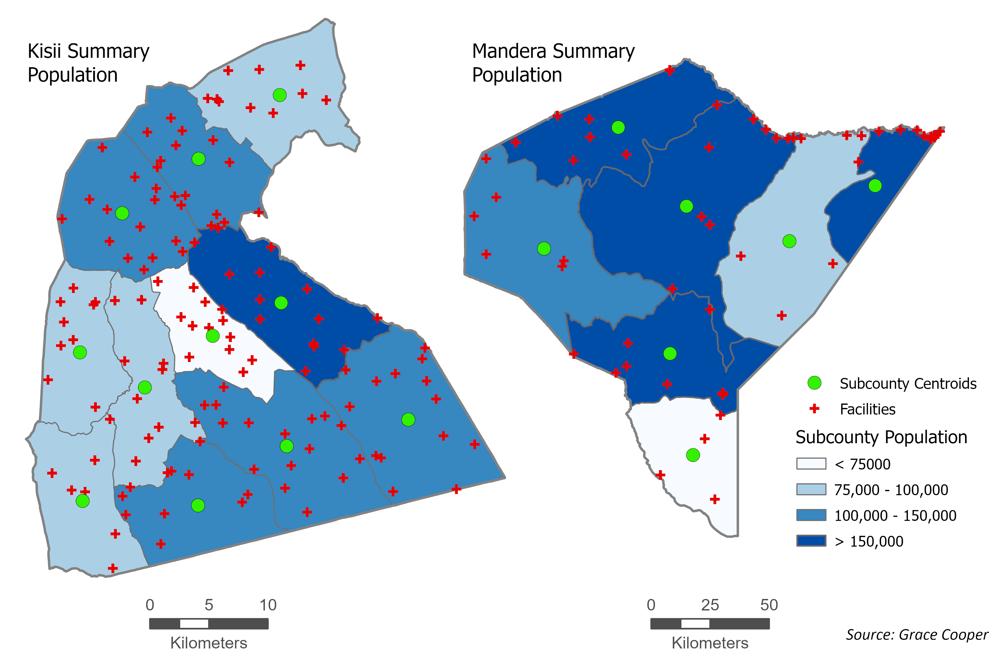 Map depicting aggregate population counts filling in entire sections in solid shades of blue within subcounty boundaries of Kisii and Mandera counties.