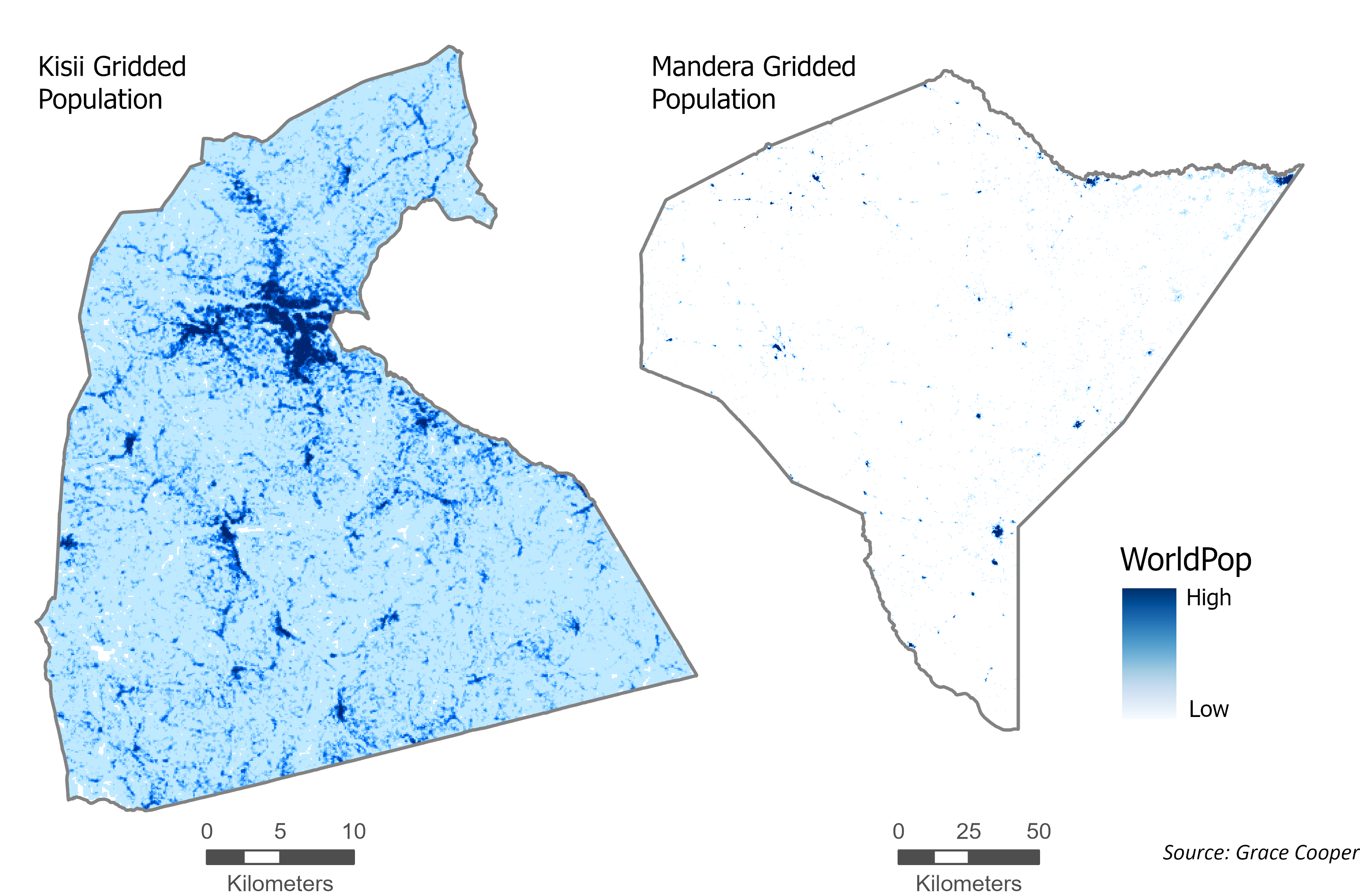 Map depicting population counts using blue scale at a high resolution within Kisii and Mandera counties of Kenya. Kisii has higher population overall with several dense and expansive population clusters. Mandera is sparsely populated with several small population centers.
