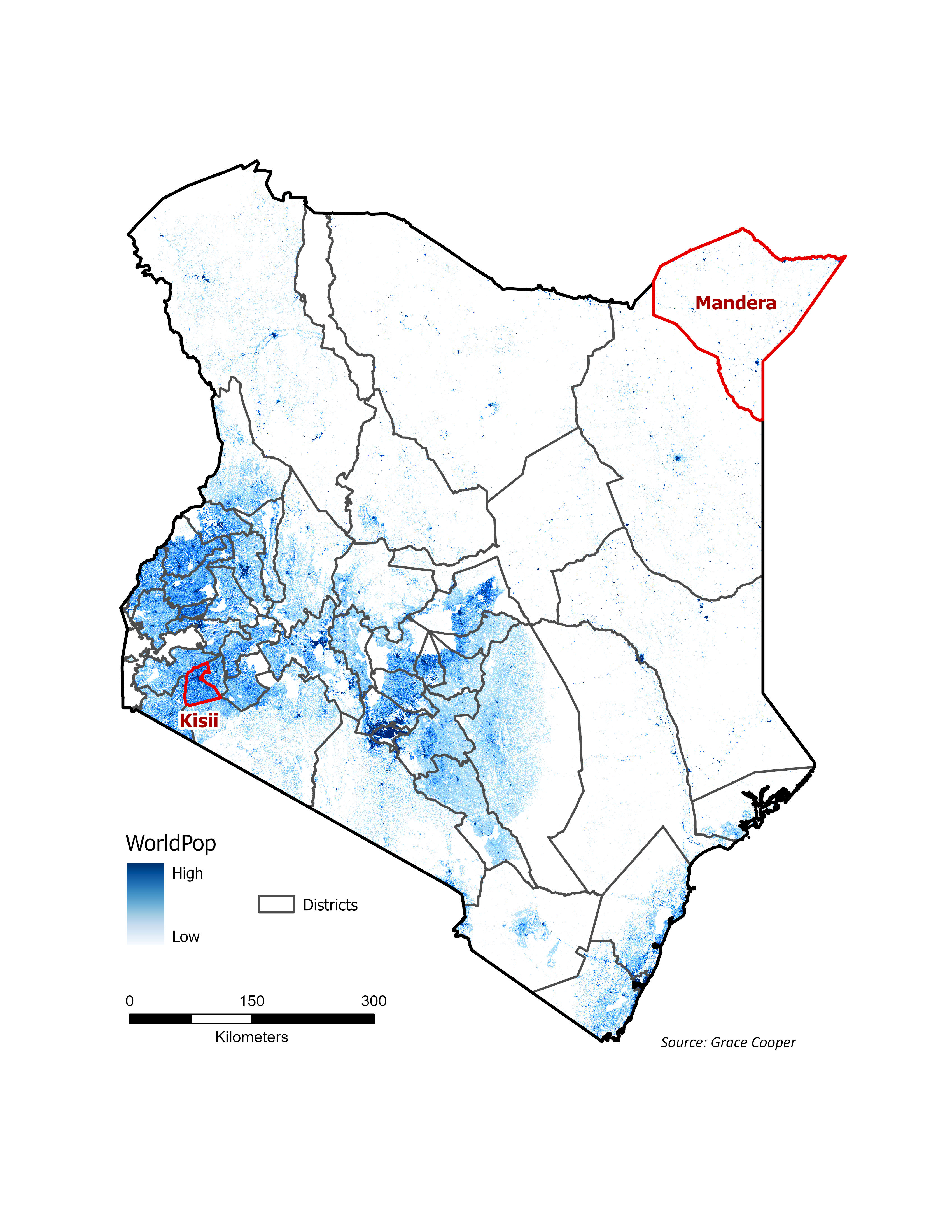 Map depicting Kenya district boundaries and population density in shades of blue.