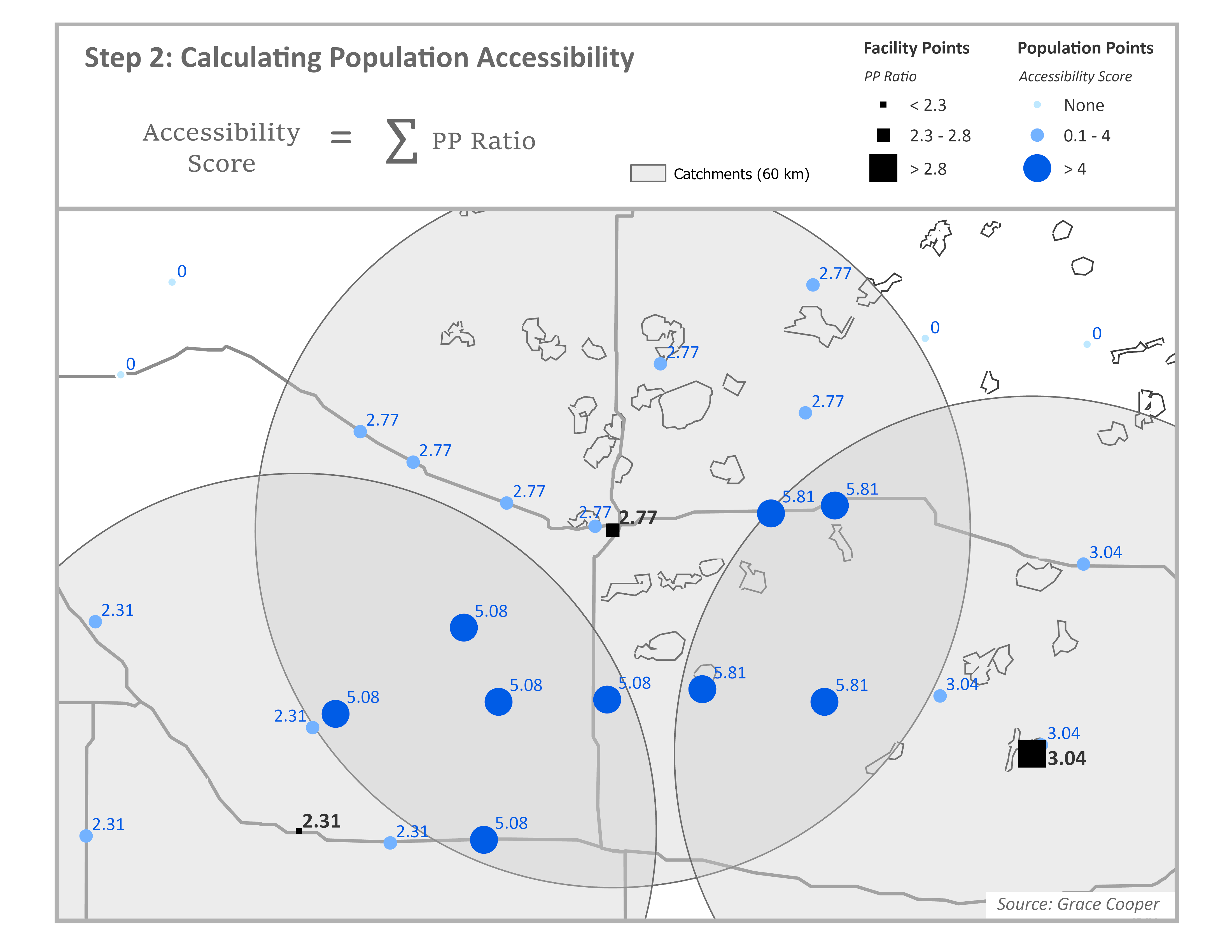 Map depicting health facilities in relation to nearby population clusters. The size of the health facility icons are proportional to their PP ratio, and the population cluster icons are proprtional to their accessibility score.