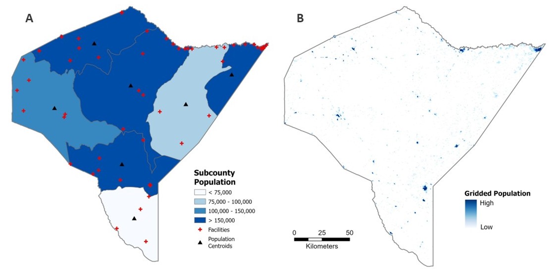 Two maps of the same district, on the left shows subcounties with solid fill according to total population; on the right shows population density as clusters of blue.