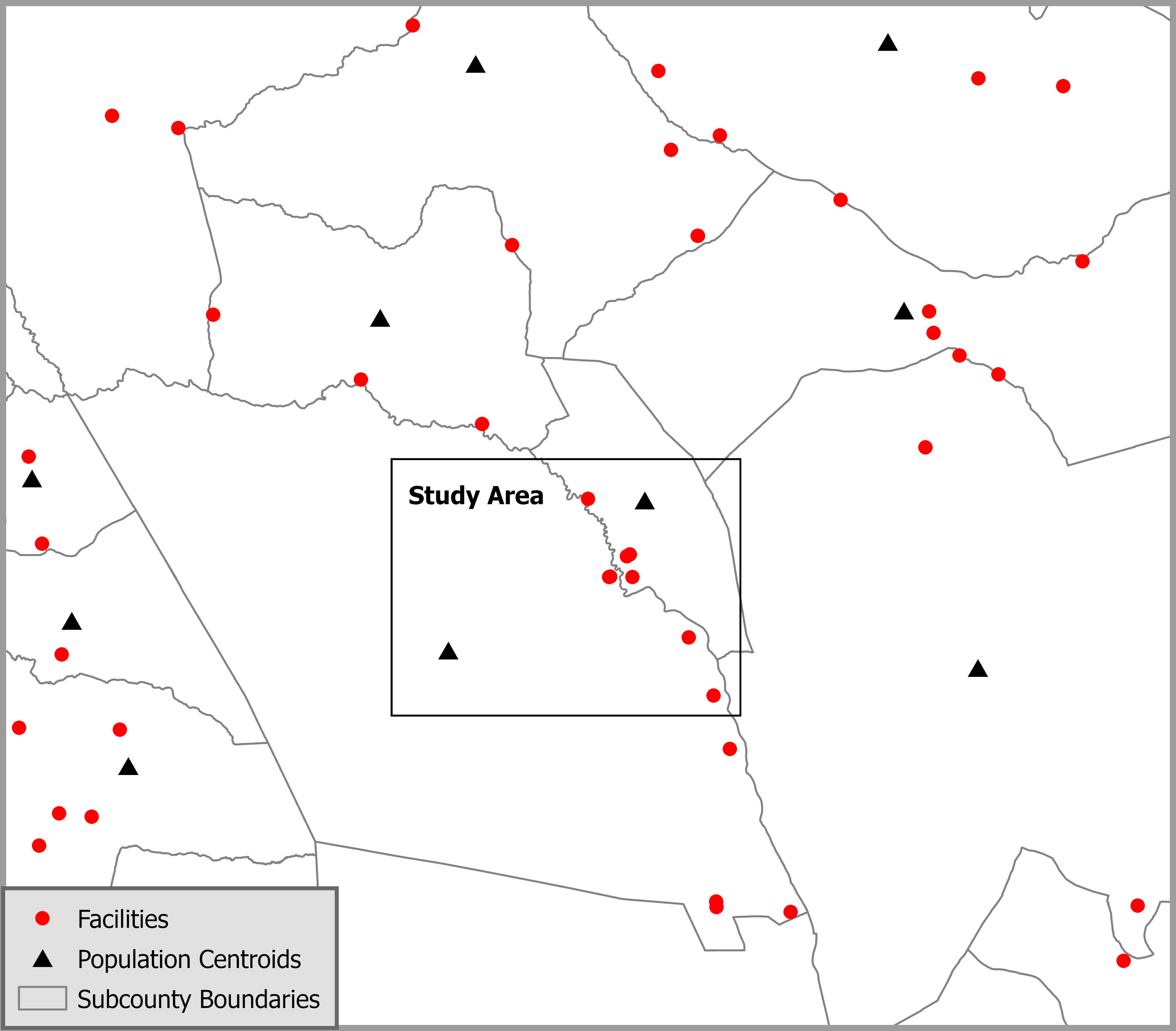 Map with red dots representing health facilities, black triangles representing population centers, and a black rectangle in the center demarcating the study area.