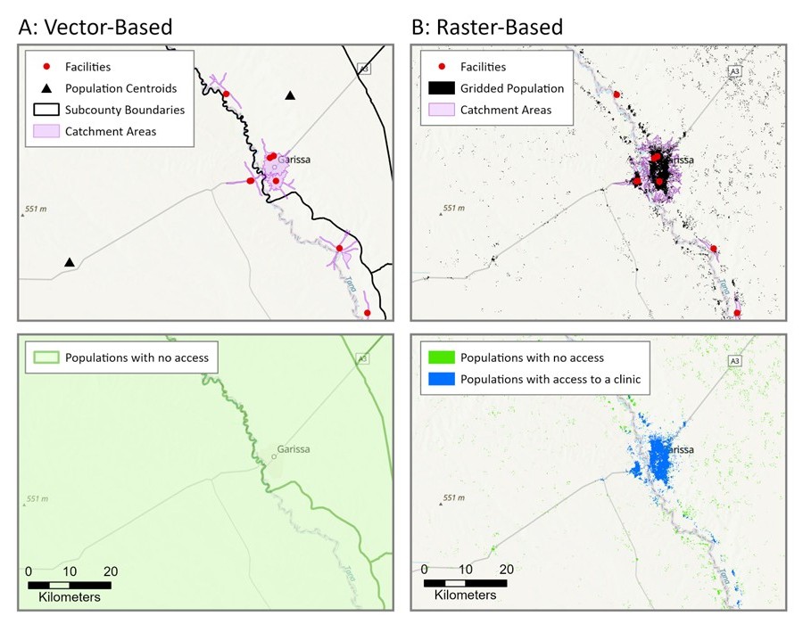 Maps comparing the accessibility model output between vector-based and raster-based input data.