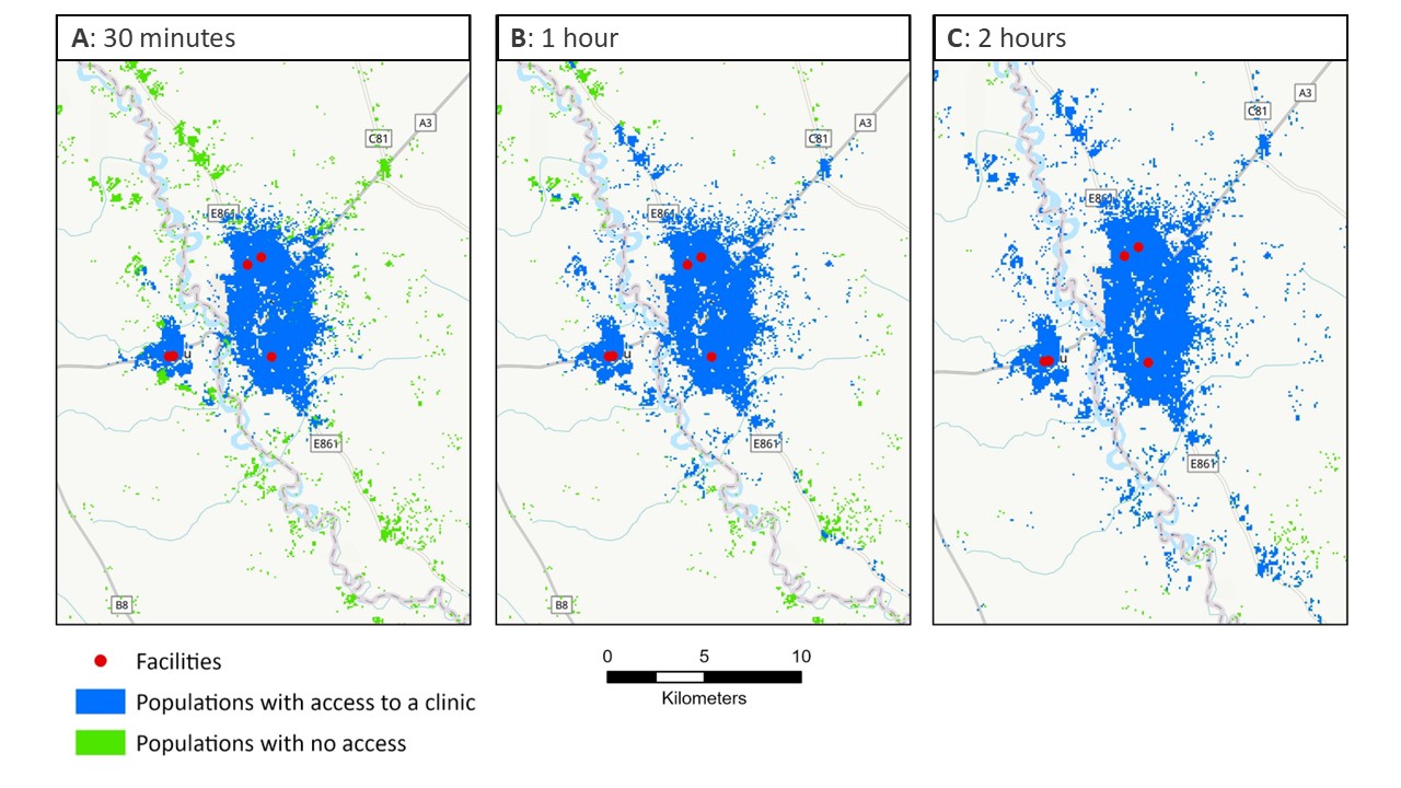 Maps in three panels with increasing travel thresholds, showing more accessibility as the travel threshold increases.