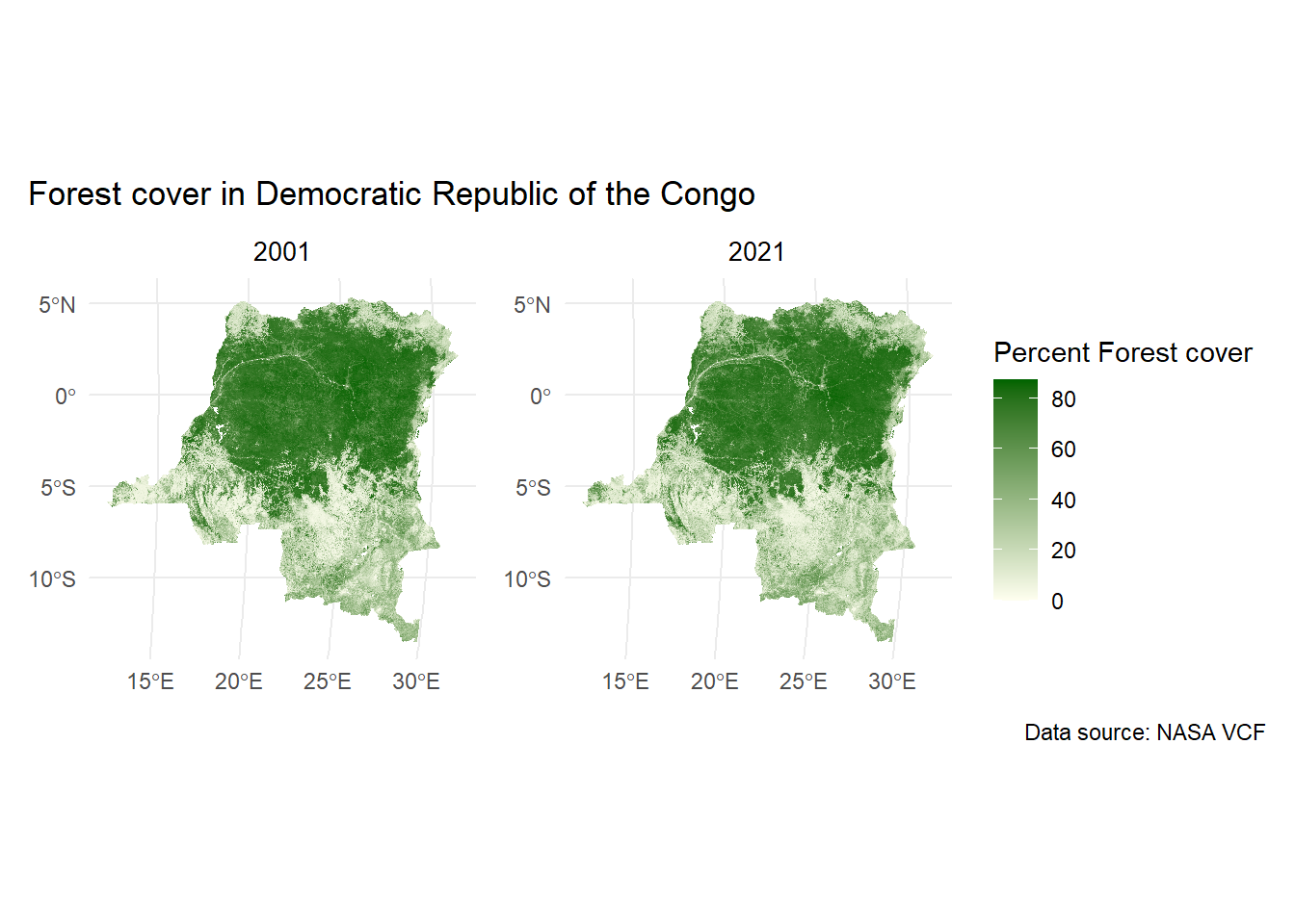 Tree cover maps from Democratic Republic of the Congo in 2001 and 2021 side by side, showing a dense rainforest covering the northern half of the country.