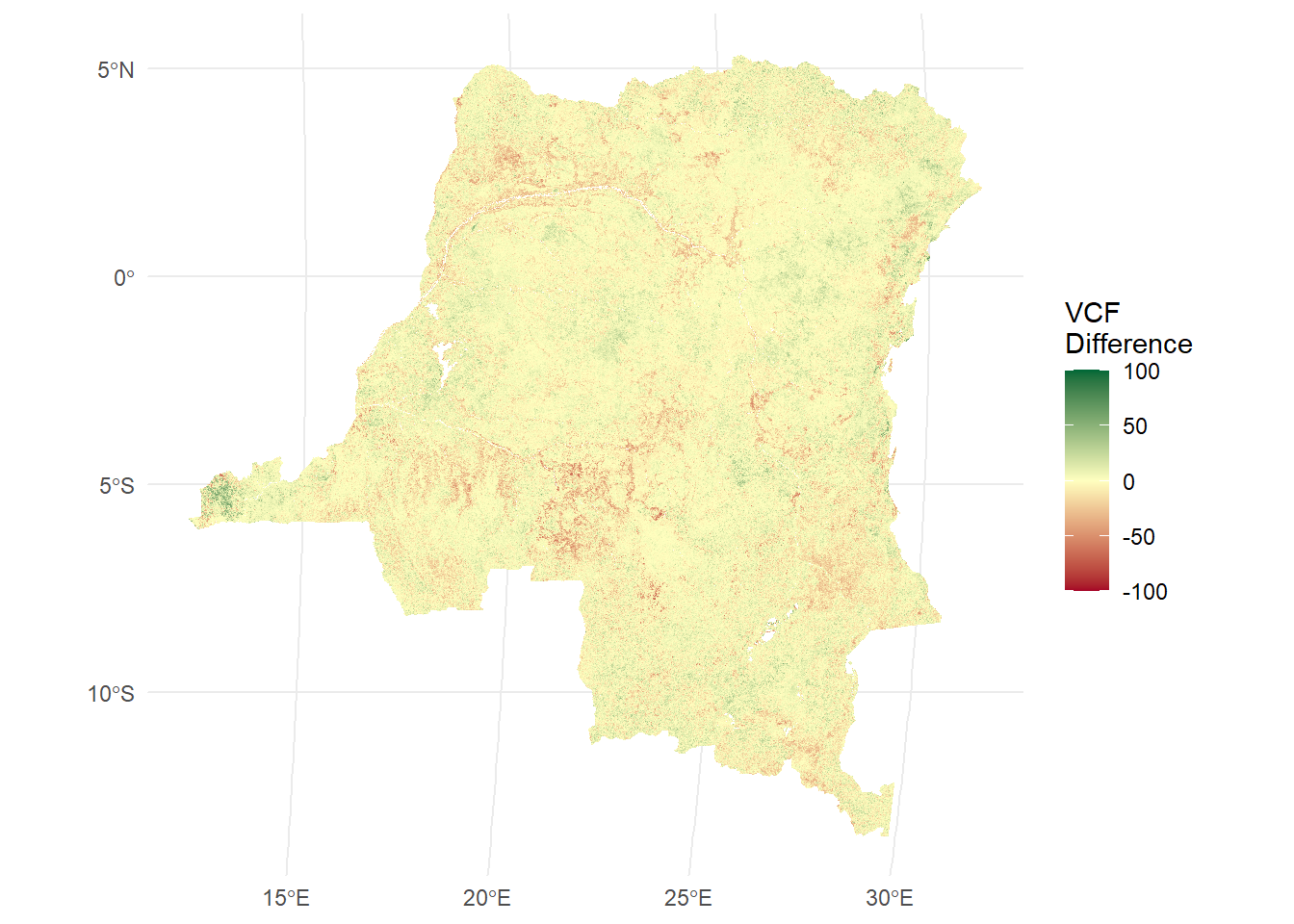Map of the Democratic Republic of the Congo showing yellow where tree cover has changed little, red where there is tree cover loss, and green where there is tree cover gain.  The map is mostly yellow with scattered areas of green and red concentrated together.