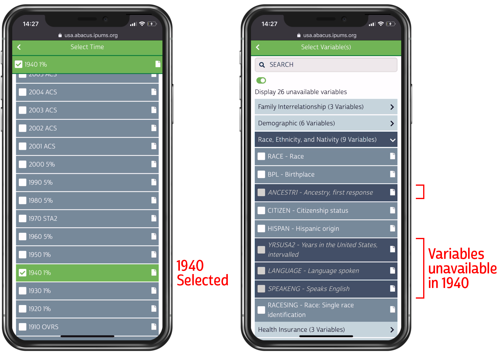 Screenshot of IPUMS Abacus showing variables available for the 1940 Census sample