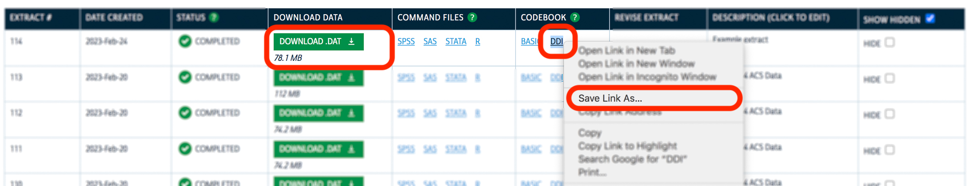 Screenshot of the My Data page on IPUMS USA website, with the "Download .DAT" button and the "DDI" codebook link each surrounded by a red box for emphasis. The right-click menu has been called up on the "DDI" codebook link, and the menu option "Save Link As..." is also surrounded by a red box for emphasis.