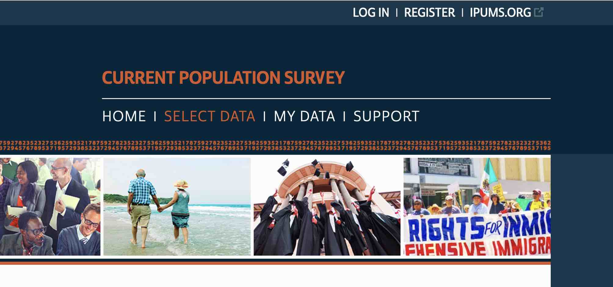 Screenshot of the Select Data link at the top of the IPUMS CPS homepage