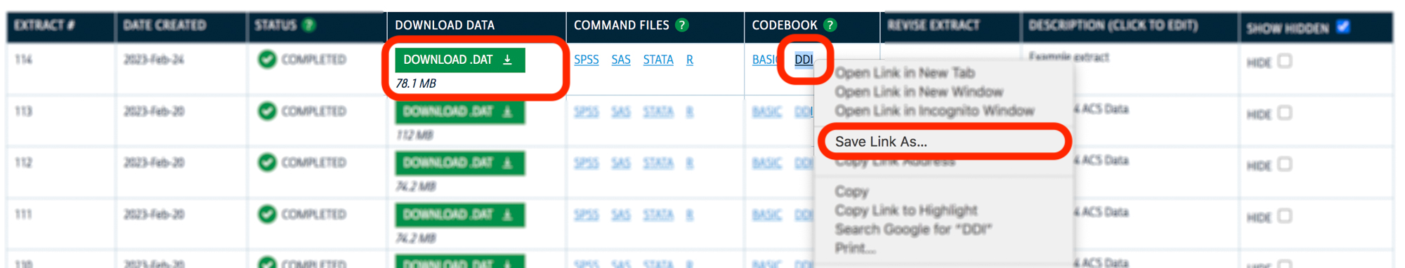Screenshot of the My Data page on IPUMS USA website, with the 'Download  .DAT' button and the 'DDI' codebook link each surrounded by a red box for  emphasis. The right-click menu has been called up on the 'DDI' codebook  link, and the menu option 'Save Link As...' is also surrounded by a red box  for emphasis.